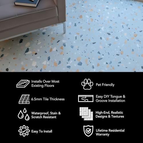 Image of Allure Luxury Vinyl Tile Flooring, 22 Mil Wear Layer, Ultima Blue Agave Terrazzo 12 inch x 24 inch, 6.5 mm Thick Vinyl Tiles with Click and Lock Installation, 1 Box 23.56 sqft