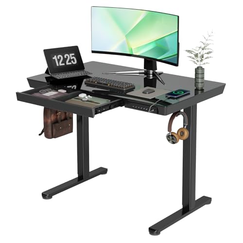 Image of Claiks Glass Standing Desk with Drawers & USB Ports 40x24 Inch, Black