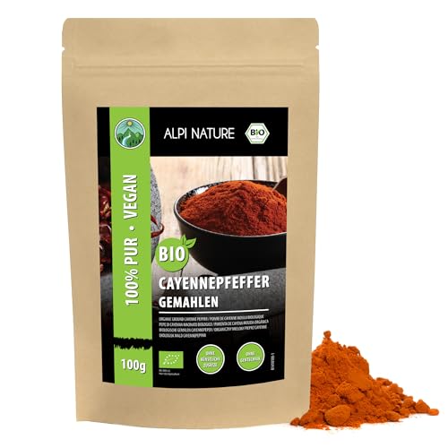 Pimienta de cayena ecológica en polvo (100g), pimienta de cayena ecológica molida de cultivo ecológico controlado, guindilla de cayena 100% natural, sin aditivos