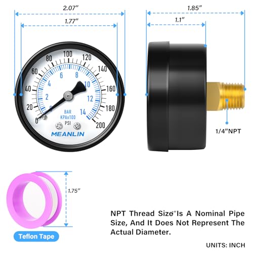 Image of MEANLIN MEASURE 0-200Psi Well Pump Pressure Gauge 1 /4 inch NPT 2 inch FACE DIAL for Air Compressor Air Regulator Water Filter Back Mount, with Teflon Tape
