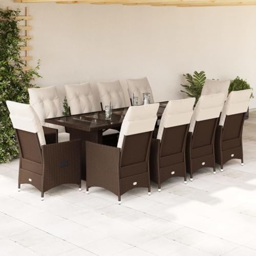 LoogCape Juego de muebles de jardín de 11 piezas con cojines de ratán sintético marrón, sillones ajustables, mesa de cristal para terraza, balcón, exterior