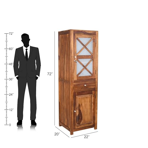 Image of EXCEL Home Cross Pattern Solid Wood 1-Door Wardrobe in Provincial Teak Finish