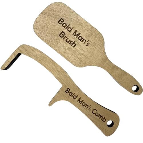 Bald Man Comb and Brush Set Funny Wooden Hairless Grooming Tool for Hairless Men Humorous Toothless Comb and Brush Gag Gift for Men Birthday Prank Present (Natural Wood)