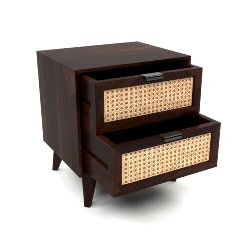 Image of Sheesham Wooden Bedside Table for Bedroom | Wooden Bed Side Nightstand Lamp Table with Drawer Storage for Home & Hotels | Solid Wood Bedside End Table in Rattan- Walnut Finish