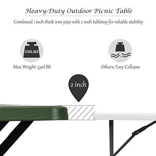 Giantex Picnic Table Bench Set Outdoor Camping All Weather Metal Base Yard Pool Dining Party Garden Patio Lawn Deck Large Camping Table (Green)