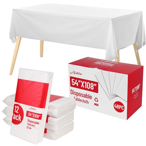 Image of Plastic Table Cloth Disposable, 48 Pack White Plastic Tablecloth 54 x 108 Inch Disposable Tablecloths for Rectangle Tables PEVA Sturdy Leakproof Party Table Cover for Picnics, Birthdays, Weddings