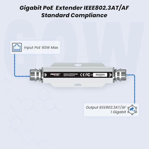 Extensor PoE Gigabit PROCET para exteriores con paso PoE+, protección contra sobretensión de 6 kV, rango de -40 °F a 149 °F, aleación de aluminio, compatible con eero, UniFi, Sisco mmWave Bridge/Access Point y cámaras AI Turret miniatura 3
