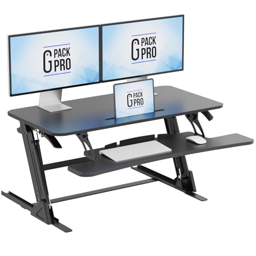 Image of 38″ Wide Standing Desk Converter - Sit-to-Stand Workstation for Dual Monitors, Height Adjustable Up to 17.3″ with Large Keyboard Tray - Black