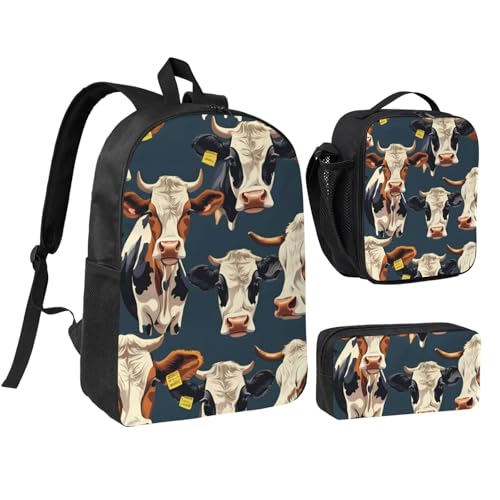 cow print Backpack Bookbag for Daily Use,3 Pcs Backpack Set with Lunch Box and Pencil Case