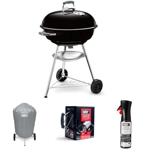 Weber Compact Kettle Barbacoa de Carbón, Ø 57cm, Negro, 1321004 + Funda para Barbacoa de Carbon, 7176 + Set Chimenea con Briquetas Encendido Blancas + Producto de Limpieza para Parrilla y Horno