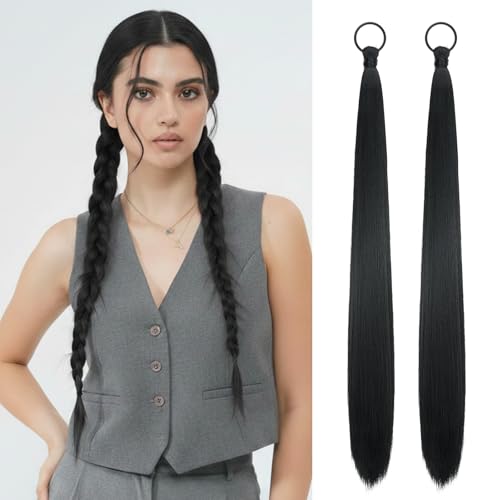 Black Ponytail Extension for Women 2PCS DIY Braided Ponytail Exte...
