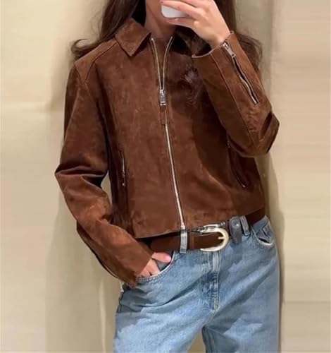 Women’S Elegant Suede Jacket Casual Turn-Down Collar Long Sleeve Zipper Coat2