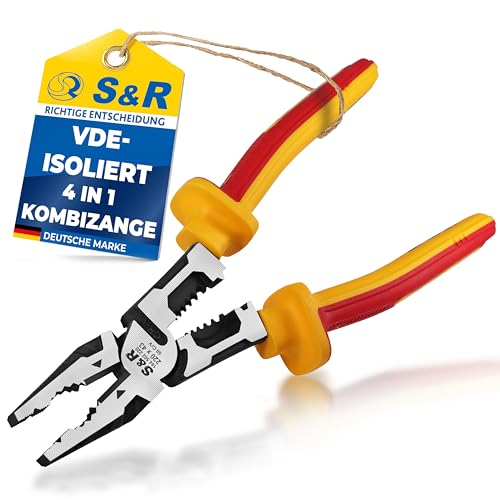 S&R Kombizange 220mm VDE-isoliert 1000V Elektrikerzange 60CrV-Stahl gesenkgeschmiedet Universalzange Profi für Kupfer Aluminium Draht AWG10-18