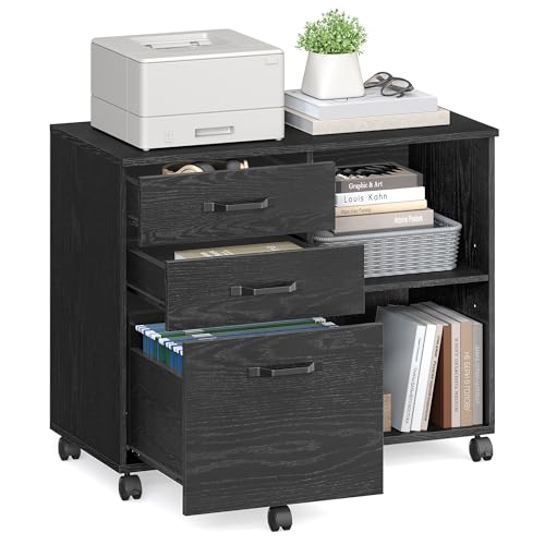 VASAGLE Rollcontainer, Aktenschrank, mit 3 Schubladen und Rollen, offene Fächer, für Dokumente in DIN A4-, Letter-Format, Druckerständer, Industrie-Design, schwarz mit Holzmaserung OFC041B56