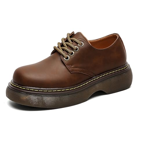 Men's Vintage Brown Leather Platform Oxfords Classic Round Toe Lace-up Derby Shoes Comfort Soft Business Dress Shoes