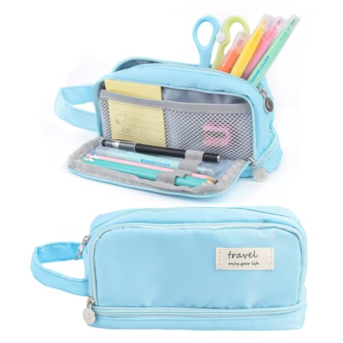Image of Large Capacity Pencil Case, Pen Bag, Stationery Storage Kit, Multiple Compartments, Office Travel Pouch, Arts and Crafts Supplies Organizer (LIGHT BLUE)