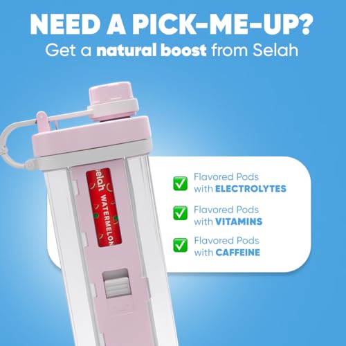 Selah Flavored Water Bottle - 20oz With Flavor Pods Included - Energy Drink, Water Enhancer, and Sports Drink Cartridges (Pink, 6 Pods)