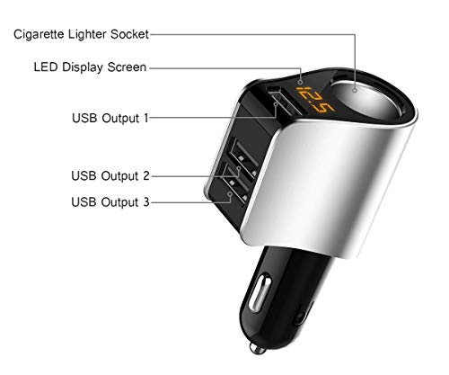 Car Charger Extension Cigarette Lighter Adapter,Socket Splitter with 3 USB and Voltage Meter,Compatible for iPhone 8/7/X/6S/XR,iPad,Samsung Galaxy S9/S8,iPad,GPS,Android Phone (Silver)