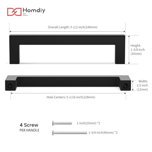 homdiy 15 Pack Black Cabinet Handles 5-1/16 Inch(128 mm) Hole Centers Matte Black Cabinet Pulls Stainless Steel Drawer Dresser Handles Square Bar Hardware Drawer Pulls Stainless Steel Dresser Hardware