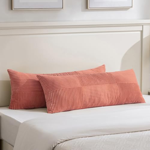 Image of Fancy Homi Set of 2 Coral Boho Long Lumbar Body Decorative Throw Pillow Cover 14x36 Inch for Bed Couch Bedroom Bench, Soft Patchwork Corduroy Textured Pillow Case, Rustic Farmhouse Room Decor