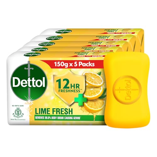 Dettol Lime Fresh (Lime Cool) Bathing Soap Bar with 12hr Freshness (750gm) |Long Lasting Freshness, 150gm Pack of 5 Dettol Lime Fresh (Lime Cool) Bathing Soap Bar with 12hr Freshness (750gm) |Long Lasting Freshness, 150gm Pack of 5