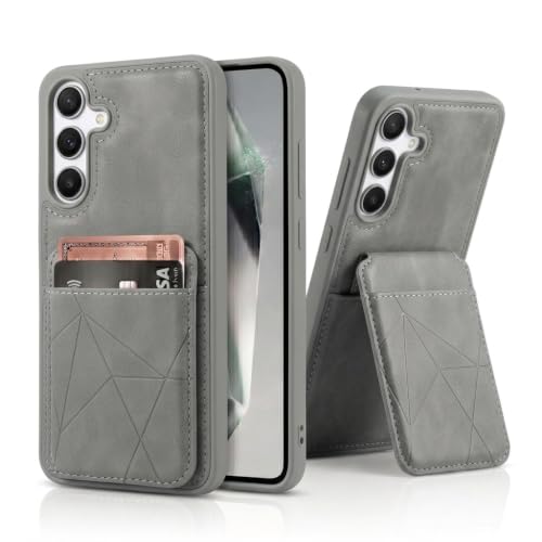 Image of amazon basics Premium Vegan Leather Back Cover with Card Holder and Integrated Mobile Stand for Samsung Galaxy S25FE 5G - Slim Shockproof Wallet Case with Geometric Stitching [Gray]
