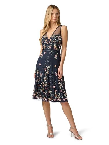 Image of Adrianna Papell Women's Floral Beaded Knee Length Dress with Sheer Neckline