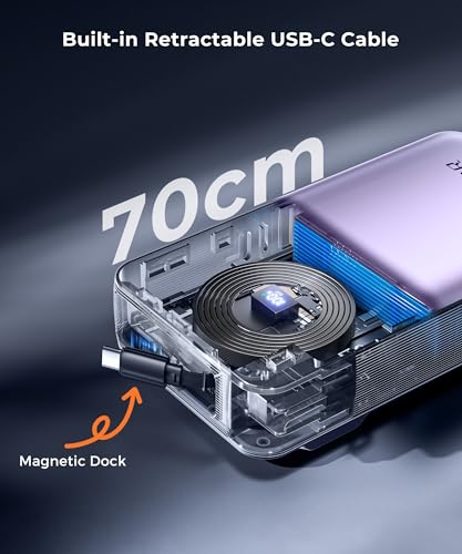 Image of JOYFAR Portable Charger Power Bank - Battery Pack 35W AC Plug GaN 10000mAh Built in Cable USB C Phone Fast Charging Powerbank Compatible with iPhone 16 15 14 13 12 11 X iPad MacBook Samsung (Purple)