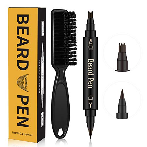 Beard Pencil Filler for Men Water Proof & Sweat Proof ,4 Tip Beard Filler Pen Kit With Beard Pen & Finish Beard Brush, Male Mustache Repair Shape, Effective Enhance Facial Hair (Brown)