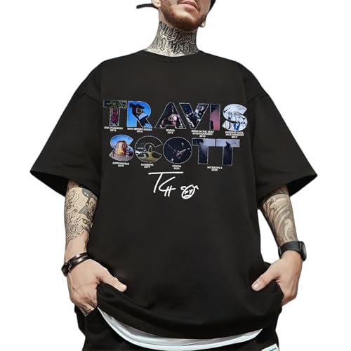 Graphic Tee Unisex Novelty-T-Shirts, Travis Scott Album Collage Print, Oversized Hip-Hop for Music Fans Black M
