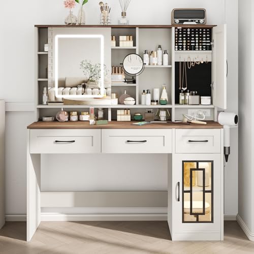 Maupvit Vanity Desk with Mirror and Lights, Makeup Table with Drawers & Jewelry Cabinet, Large Vanity with Storage, Bedroom Dressing Table (White)