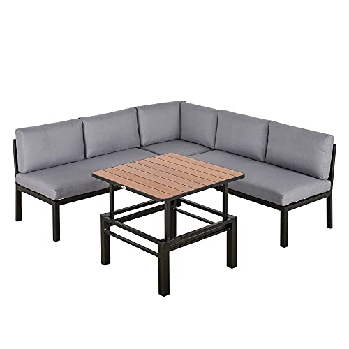 Outsunny 4-TLG. Gartengarnitur Gartenmöbel-Set Gartenset Sitzgruppe mit hebbarem Couchtisch Sofa mit Kissen Outdoor Aluminium Grau