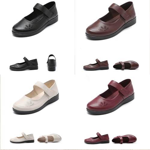 Women's Genuine Leather Mary Jane Flats Comfy Round Toe Adjustable Hook and Loop Soft Bottom Ballets Lightweight Non-Slip Mom Walking Shoes2