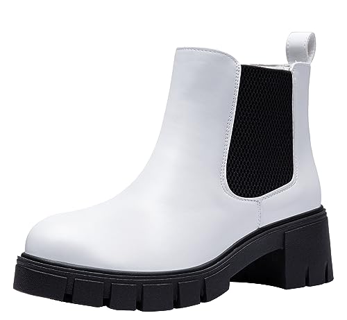 Vepose Women's 936 Chelsea Ankle Boots Platform Elastic Slip on Booties, White, Size 6M US-Low Lug Sole Chunky Block Heel(CJY936 White 06)