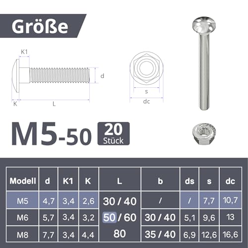 ORTAVA Carriage Bolts M5 x 50 Galvanised DIN 603 (Pack of 20), with Hex Flange Nut, Carbon Steel, Half Round Head Square Carriage Bolts - Image 2