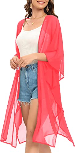 Image of Indian Trendy Women's Solid Puff Sleeve Kimono Long Cardigan Loose Cover Up Casual Blouse Top Chiffon