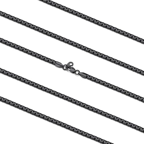FaithHeart Mens Black/Silver/Gold Stainless Steel Flat Box Link Chain Necklace, Stylish 2/4/6/8mm Width Box Chains Necklaces for Men Non Tarnish Hip Hop Chain Jewelry Gifts,14"-30" Length 14