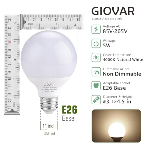 Image of 8-Pack LED Bathroom Light Bulbs, 4000K Natural White Night Light Bulb, Non Dimmable Makeup Mirror Lights for Bedroom, E26 Medium Screw Base