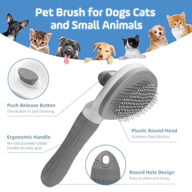 Cat Brush,Self Cleaning Dog Brush for Shedding,Skin Friendly Cat Brushes for Indoor Cats Shedding Massage Grooming,Deshedding Dog Slicker Brush for Cats Loose Fur Long&Short Hair Removal Grey-R1fPb128