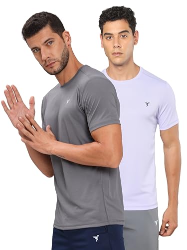 Image of TECHNOSPORT Men's 100% Polyester Slim Fit Solid Short Sleeve T-Shirt for Gym, Workout, Sports and Regular Use - Pack of 2