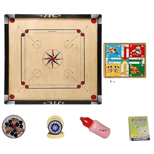 Image of KMT 32 Inch Carrom Board Full Size Matte Finish | Smooth Playing Surface | Assam Plywood| Indoor Board Game for Kids & Adults | Family Recreation & Skill Practice (32 x 32 Inches with Ludo Style D)