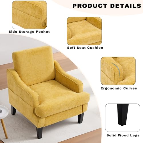 Image of Accent Chair for Living Room,Mid-Century Arm Chair Chenille Fabric Living Room Chairs,Upholstered Reading Chair for Bedroom,Single Sofa Chair with Wood Legs for Apartment (Yellow)