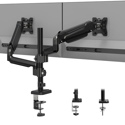 BONTEC Dual Monitor Mount for 13-32 Inch Screens, Tall Computer Monitor Stand, Adjustable Gas Spring Arm, VESA 75×75/100x100mm, Tilt, Swivel, Rotate, Holds Up to 19.8lbs, Desk Clamp & Grommet Mount