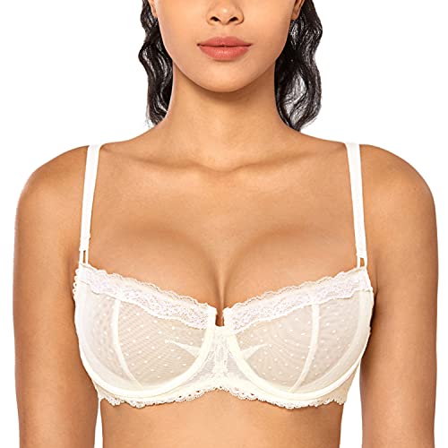 DOBREVA Women s Sexy Lace Unlined Underwire Balconette See Through Sheer Bra Ivory 32C