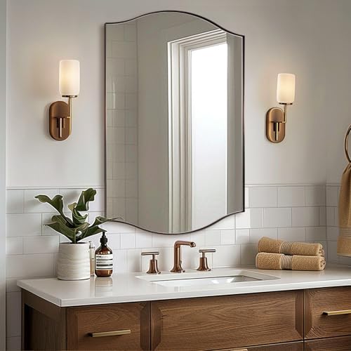 Image of ANDY STAR 26 inchx38 inch Scalloped Mirror for Bathroom，Brushed Bronze Rectangle Wall Mirror with Curved Edge Stainless Steel Metal Frame, Wall-Mounted Mirror for Bathroom, Entryway, Living Room