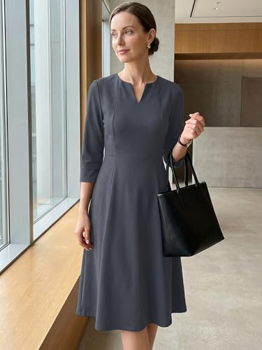 Image of Allegra K Womens 3 /4 Sleeve A-Line Business Work Formal Midi Dress | Elegant Dresses with Pockets, V Neck, Cockatail Party Church Funeral Outfits, Spring Fall Winter