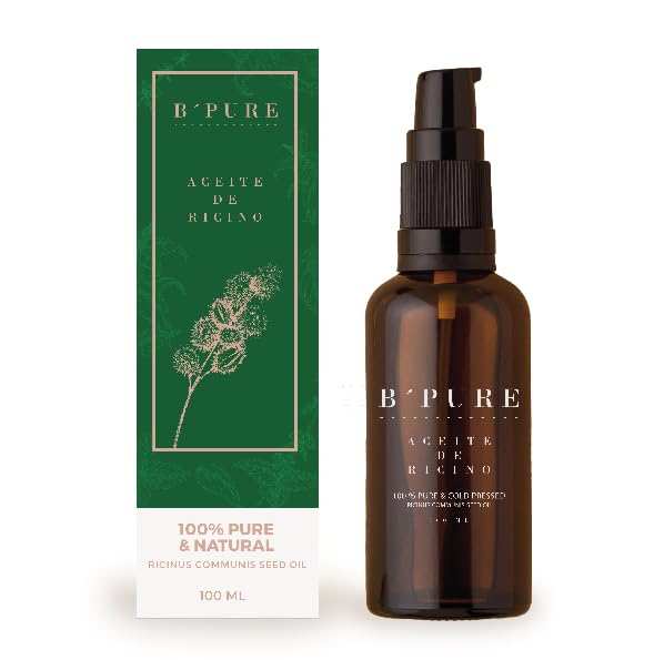 Aceite de Ricino Orgánico 100% Puro B’PURE 100 ml | Prensado en Frío y Vegano | Nutre e Hidrata | Pestañas, Cejas, Cabello y Barba