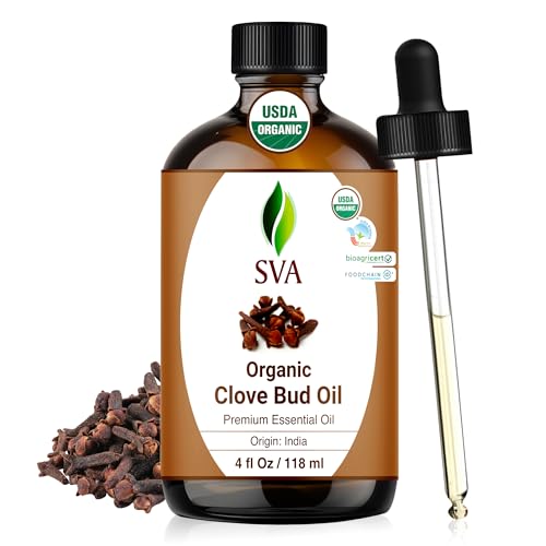 SVA Clove Essential Oil Organic – 4 Fl Oz – 100% Natural Organic Clove Oil - for Diffuser, Hair Care, Face, Skin Care, Aromatherapy, Scalp and Body Massage, Soap and Candle Making - with Dropper