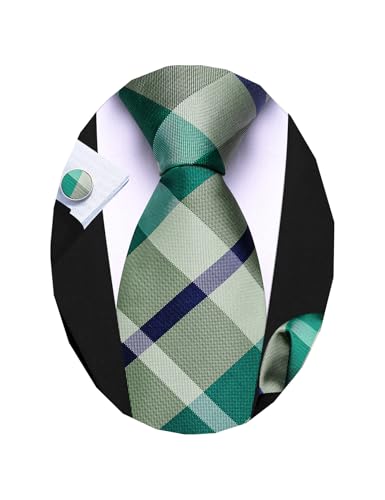 Image of Barry.Wang Plaid Ties for Men Silk Necktie Handkerchief Cuff Links Set