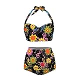 Annejudy Music Notes Floral Print Women Two Piece Bikini Set Swimsuit Push Up Beachwear Sexy Bathing Suits Halter Tops with High Waist Bottom Easter Bikini Sets